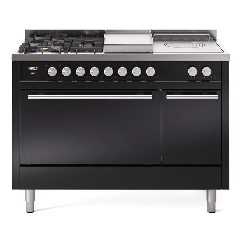 ILVE Professional Plus II 48" Dual Fuel Freestanding Range in Glossy Black with Stainless Steel Trim, UP48FSQMPBK