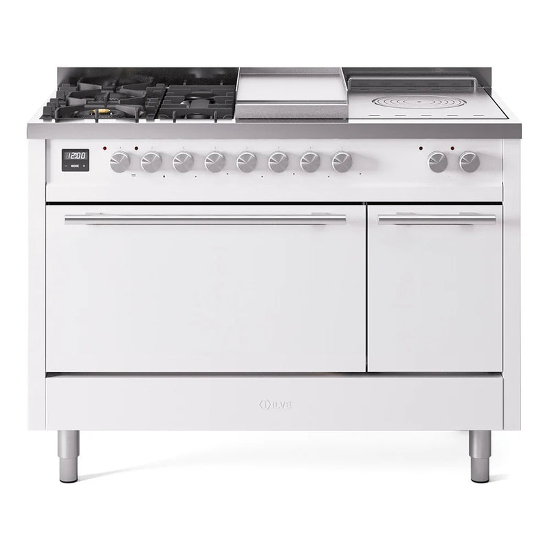 ILVE Professional Plus II 48" Dual Fuel Freestanding Range in White with Stainless Steel Trim, UP48FSQMPWH