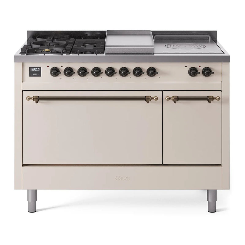 ILVE Nostalgie II 48" Dual Fuel Freestanding Range in Antique White with Burnished Trim, UP48FSQNMPAWB