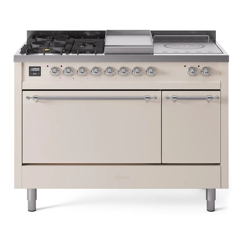 ILVE Nostalgie II 48" Dual Fuel Freestanding Range in Antique White with Chrome Trim, UP48FSQNMPAWCLP