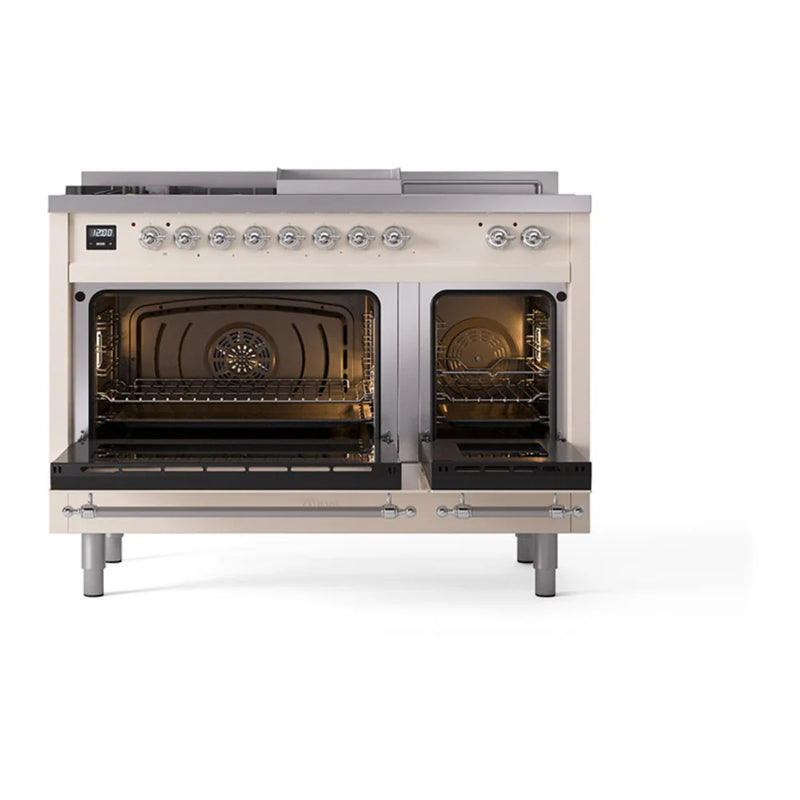 ILVE Nostalgie II 48" Dual Fuel Freestanding Range in Antique White with Chrome Trim, UP48FSQNMPAWC