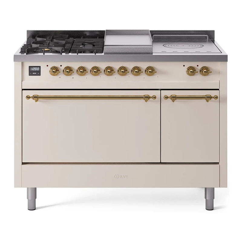 ILVE Nostalgie II 48" Dual Fuel Freestanding Range in Antique White with Brass Trim, UP48FSQNMPAWG