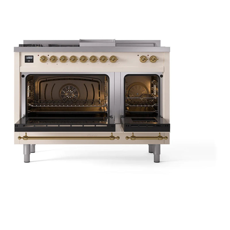 ILVE Nostalgie II 48" Dual Fuel Freestanding Range in Antique White with Brass Trim, UP48FSQNMPAWG