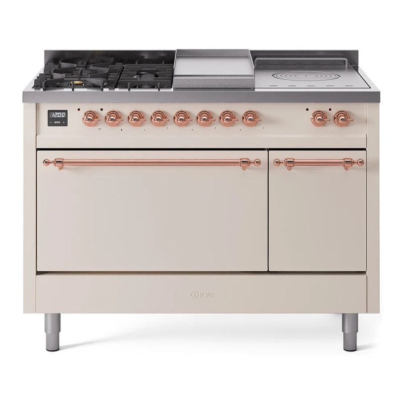 ILVE Nostalgie II 48" Dual Fuel Freestanding Range in Antique White with Copper Trim, UP48FSQNMPAWPLP