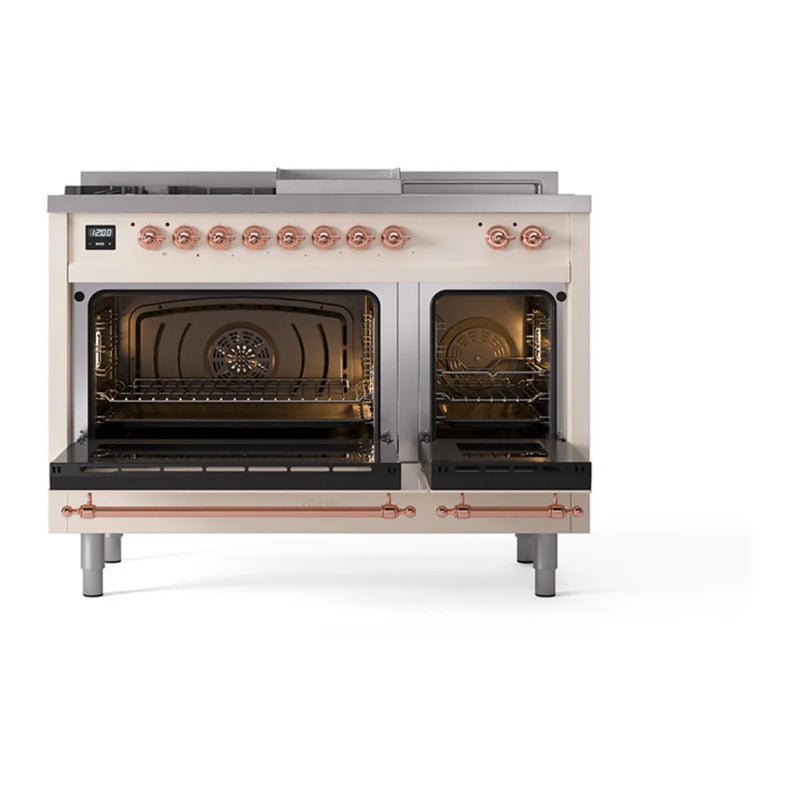 ILVE Nostalgie II 48" Dual Fuel Freestanding Range in Antique White with Copper Trim, UP48FSQNMPAWPLP