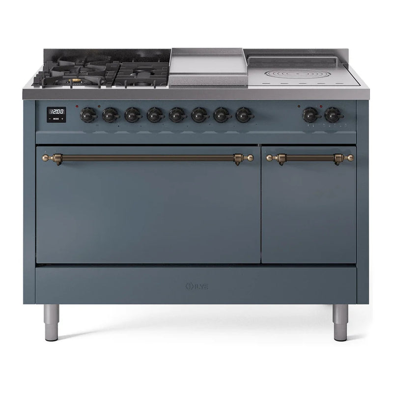 ILVE Nostalgie II 48" Dual Fuel Freestanding Range in Blue Grey with Burnished Trim, UP48FSQNMPBGB
