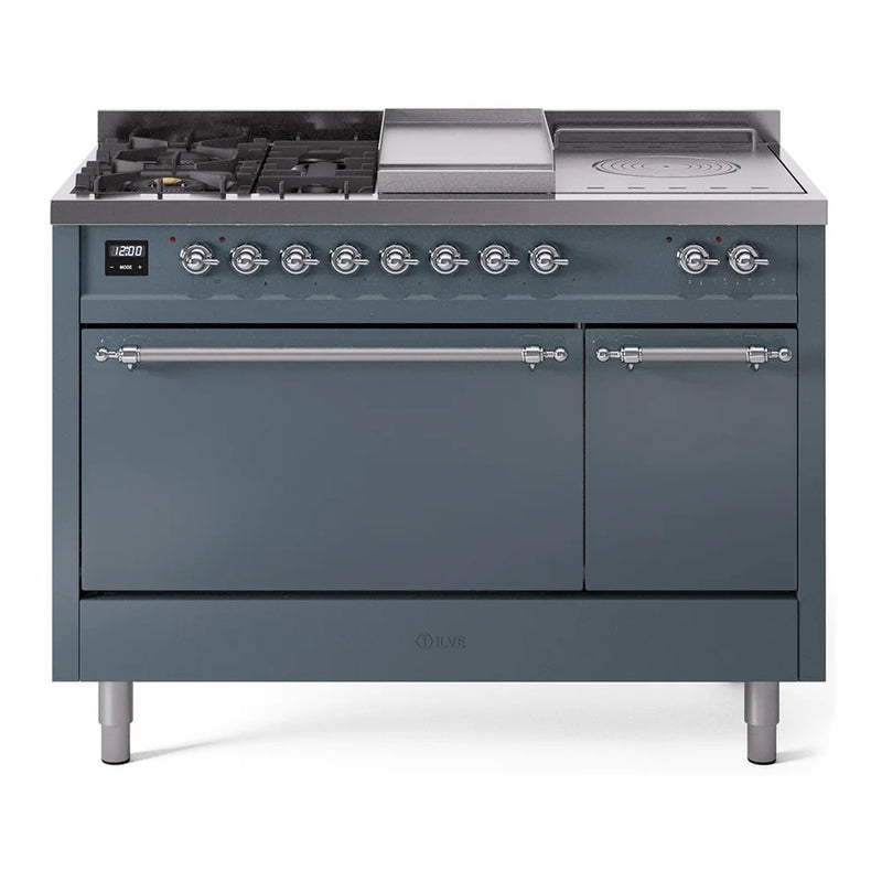 ILVE Nostalgie II 48" Dual Fuel Freestanding Range in Blue Grey with Chrome Trim, UP48FSQNMPBGCLP
