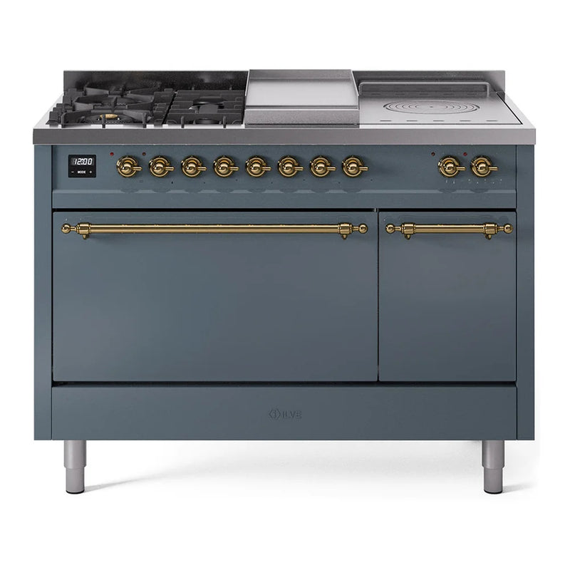 ILVE Nostalgie II 48" Dual Fuel Freestanding Range in Blue Grey with Brass Trim, UP48FSQNMPBGGLP