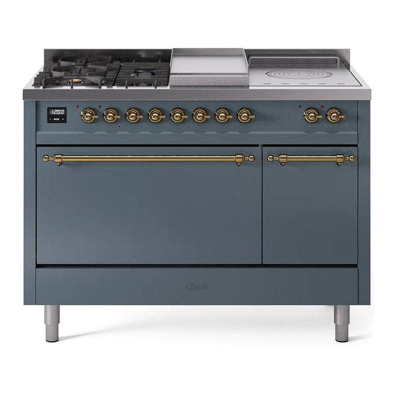 ILVE Nostalgie II 48" Dual Fuel Freestanding Range in Blue Grey with Brass Trim, UP48FSQNMPBGG
