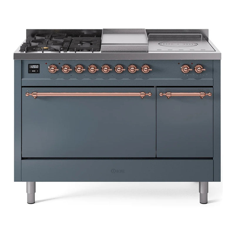 ILVE Nostalgie II 48" Dual Fuel Freestanding Range in Blue Grey with Copper Trim, UP48FSQNMPBGP