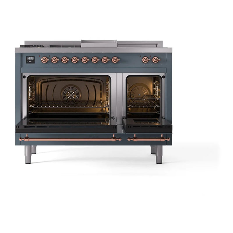ILVE Nostalgie II 48" Dual Fuel Freestanding Range in Blue Grey with Copper Trim, UP48FSQNMPBGP
