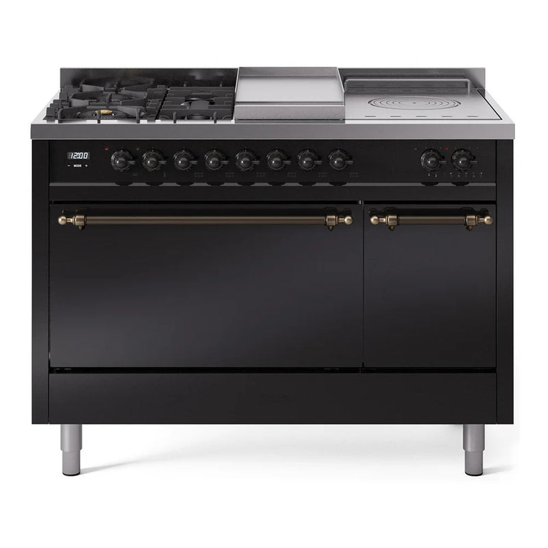 ILVE Nostalgie II 48" Dual Fuel Freestanding Range in Glossy Black with Burnished Trim, UP48FSQNMPBKBLP