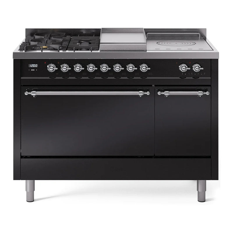 ILVE Nostalgie II 48" Dual Fuel Freestanding Range in Glossy Black with Chrome Trim, UP48FSQNMPBKC