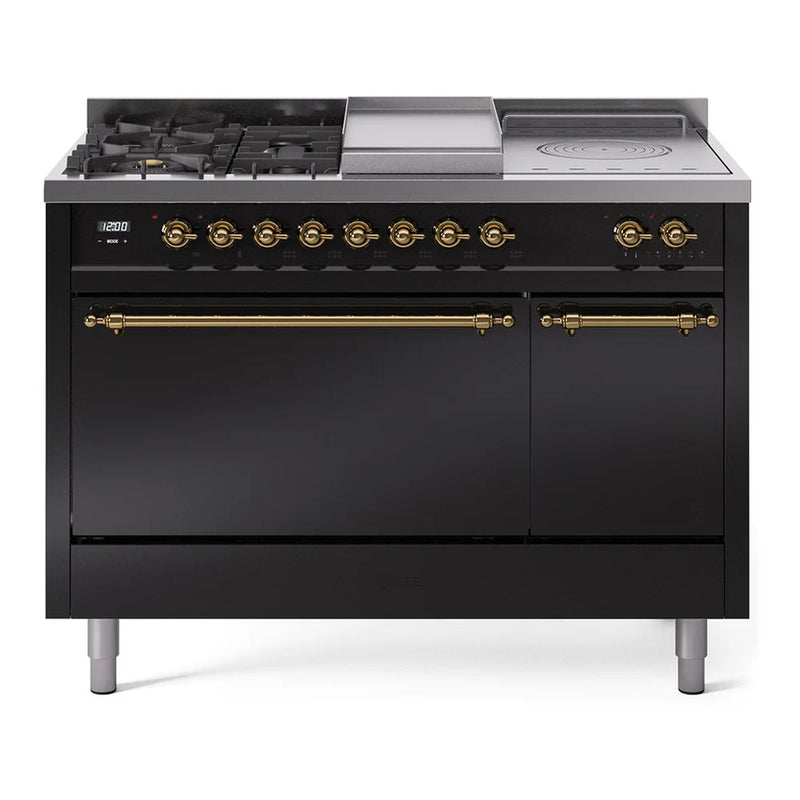 ILVE Nostalgie II 48" Dual Fuel Freestanding Range in Glossy Black with Brass Trim, UP48FSQNMPBKG
