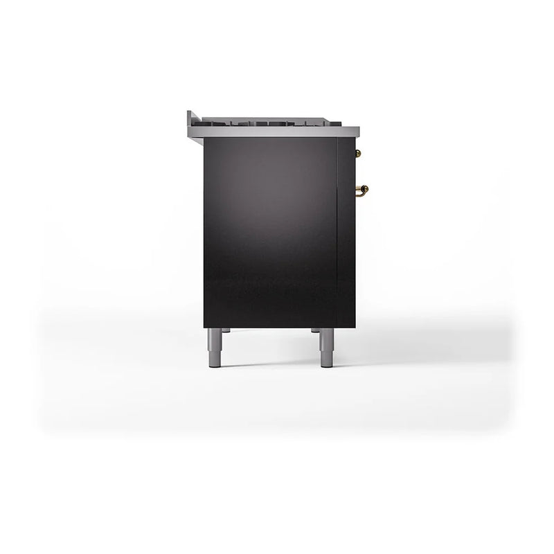 ILVE Nostalgie II 48" Dual Fuel Freestanding Range in Glossy Black with Brass Trim, UP48FSQNMPBKG