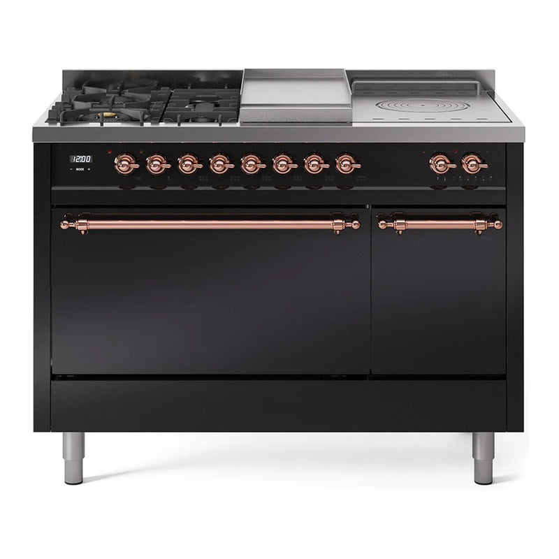 ILVE Nostalgie II 48" Dual Fuel Freestanding Range in Glossy Black with Copper Trim, UP48FSQNMPBKPLP