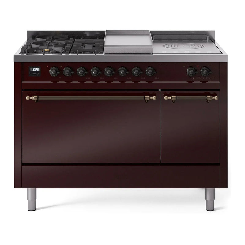 ILVE Nostalgie II 48" Dual Fuel Freestanding Range in Burgundy with Burnished Trim, UP48FSQNMPBUB
