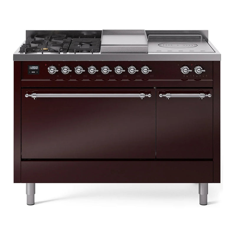 ILVE Nostalgie II 48" Dual Fuel Freestanding Range in Burgundy with Chrome Trim, UP48FSQNMPBUC