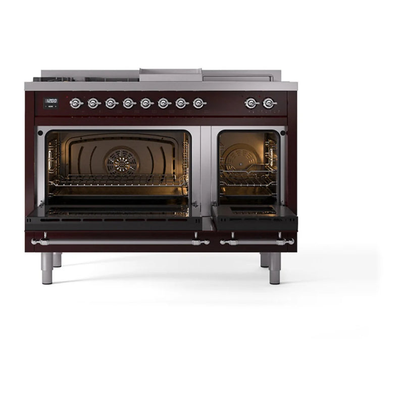 ILVE Nostalgie II 48" Dual Fuel Freestanding Range in Burgundy with Chrome Trim, UP48FSQNMPBUC