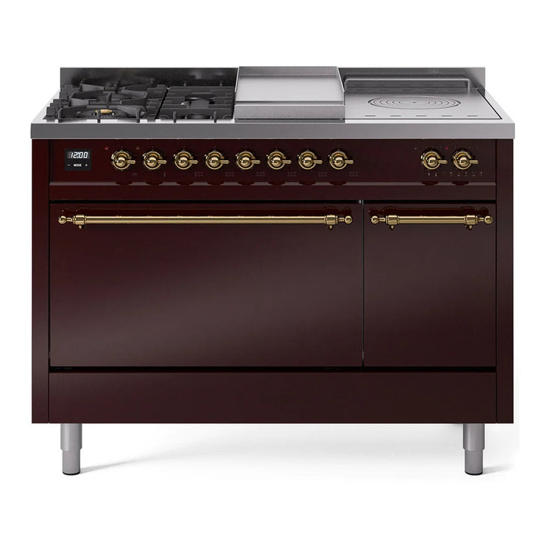 ILVE Nostalgie II 48" Dual Fuel Freestanding Range in Burgundy with Brass Trim, UP48FSQNMPBUGLP