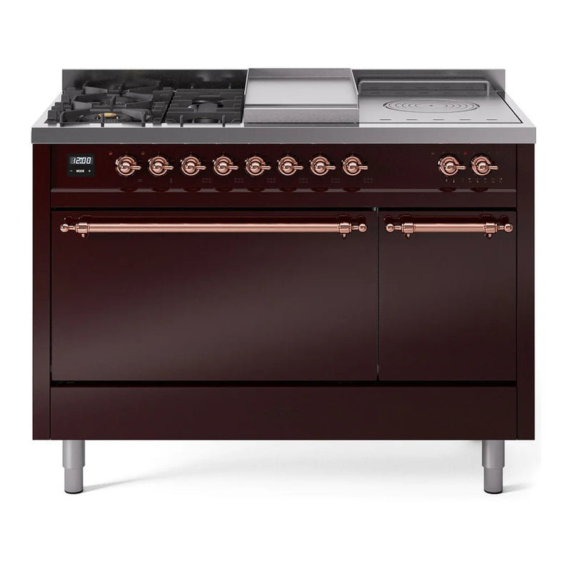 ILVE Nostalgie II 48" Dual Fuel Freestanding Range in Burgundy with Copper Trim, UP48FSQNMPBUPLP
