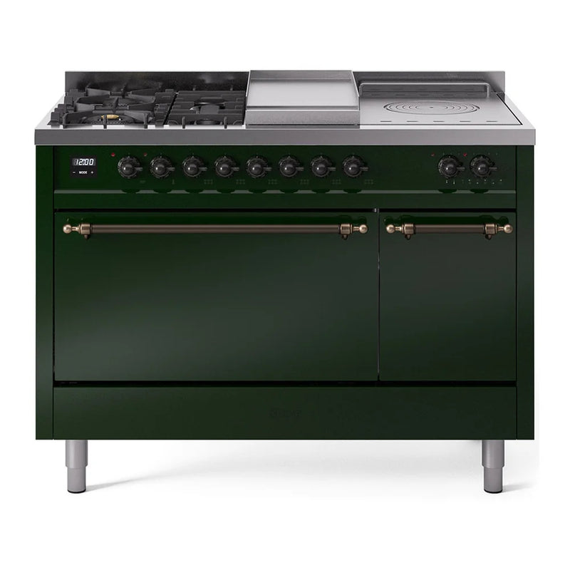 ILVE Nostalgie II 48" Dual Fuel Freestanding Range in Emerald Green with Burnished Trim, UP48FSQNMPEGBLP