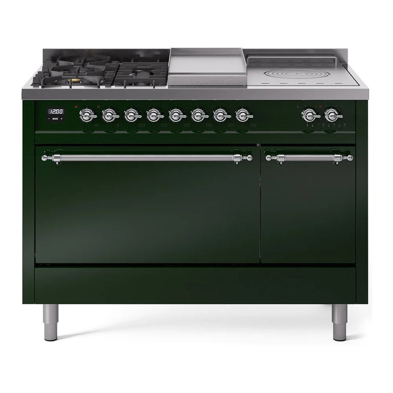 ILVE Nostalgie II 48" Dual Fuel Freestanding Range in Emerald Green with Chrome Trim, UP48FSQNMPEGCLP