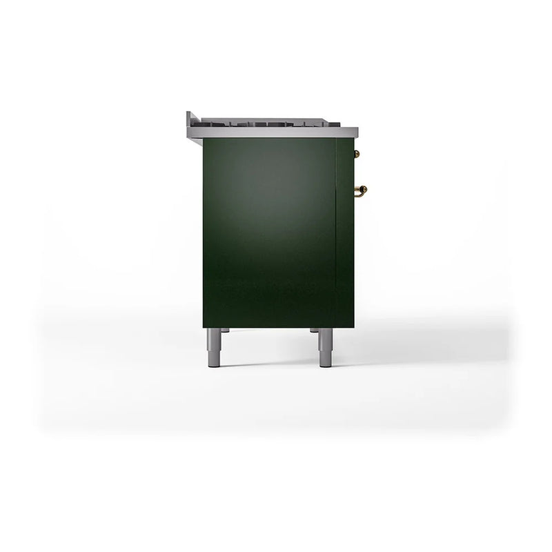 ILVE Nostalgie II 48" Dual Fuel Freestanding Range in Emerald Green with Brass Trim, UP48FSQNMPEGGLP