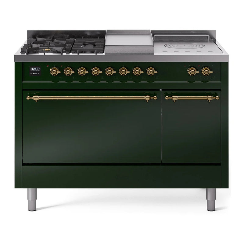 ILVE Nostalgie II 48" Dual Fuel Freestanding Range in Emerald Green with Brass Trim, UP48FSQNMPEGG