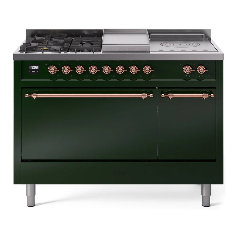 ILVE Nostalgie II 48" Dual Fuel Freestanding Range in Emerald Green with Copper Trim, UP48FSQNMPEGPLP