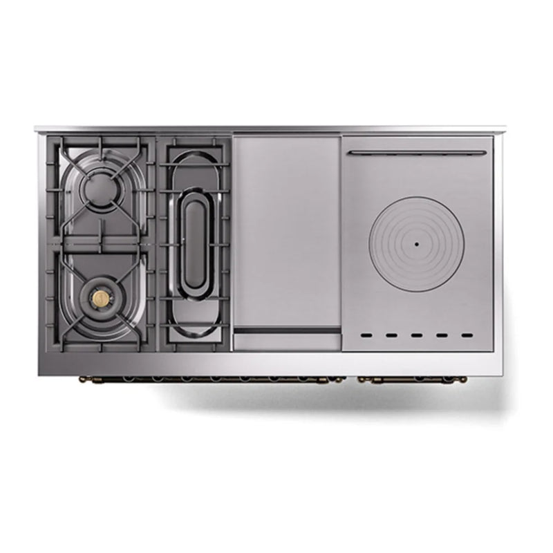 ILVE Nostalgie II 48" Dual Fuel Freestanding Range in Midnight Blue with Burnished Trim, UP48FSQNMPMBBLP