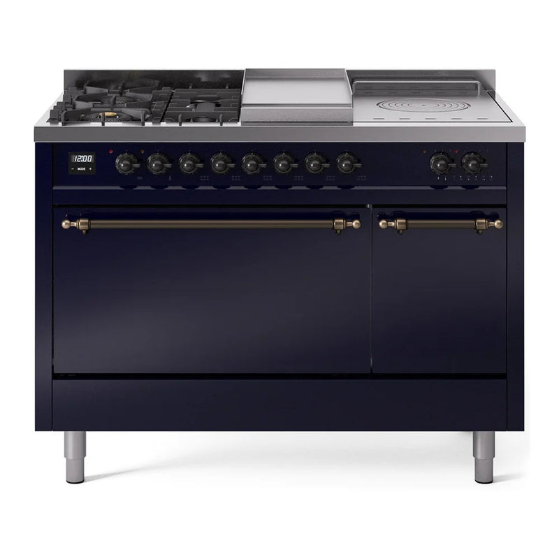 ILVE Nostalgie II 48" Dual Fuel Freestanding Range in Midnight Blue with Burnished Trim, UP48FSQNMPMBB