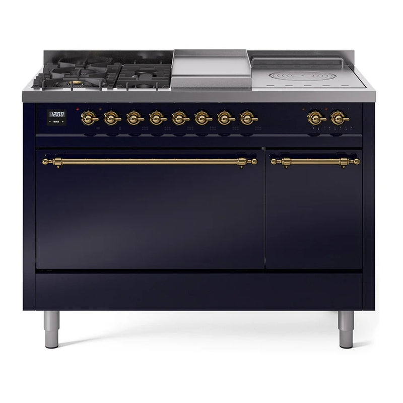 ILVE Nostalgie II 48" Dual Fuel Freestanding Range in Midnight Blue with Brass Trim, UP48FSQNMPMBGLP