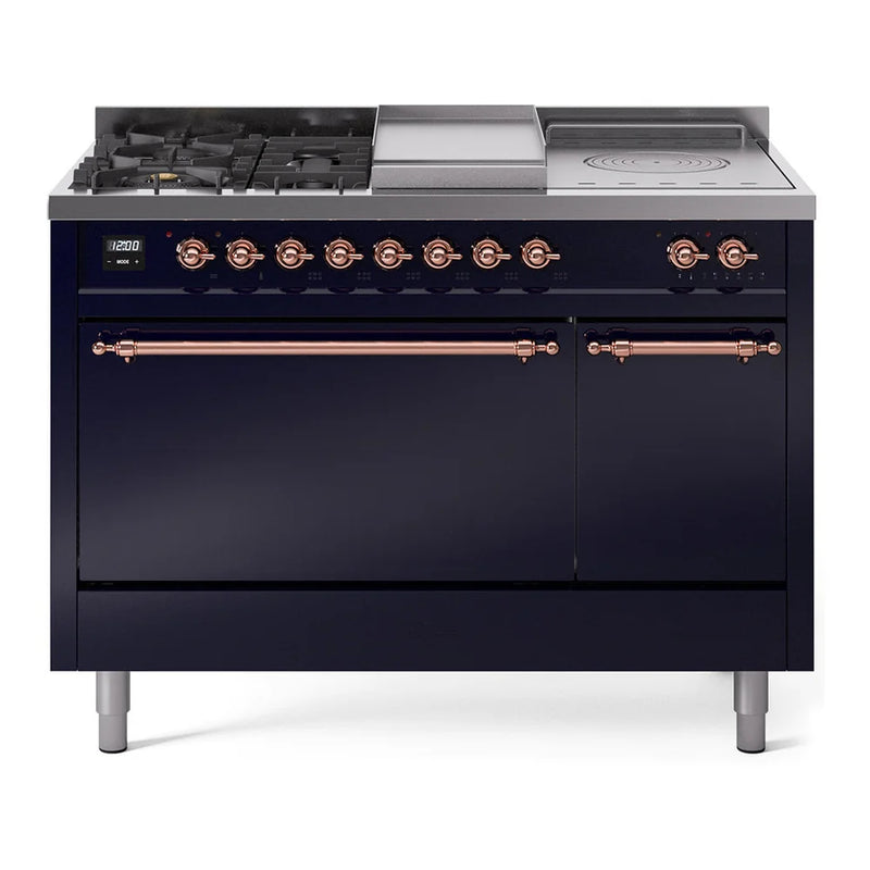ILVE Nostalgie II 48" Dual Fuel Freestanding Range in Midnight Blue with Copper Trim, UP48FSQNMPMBPLP