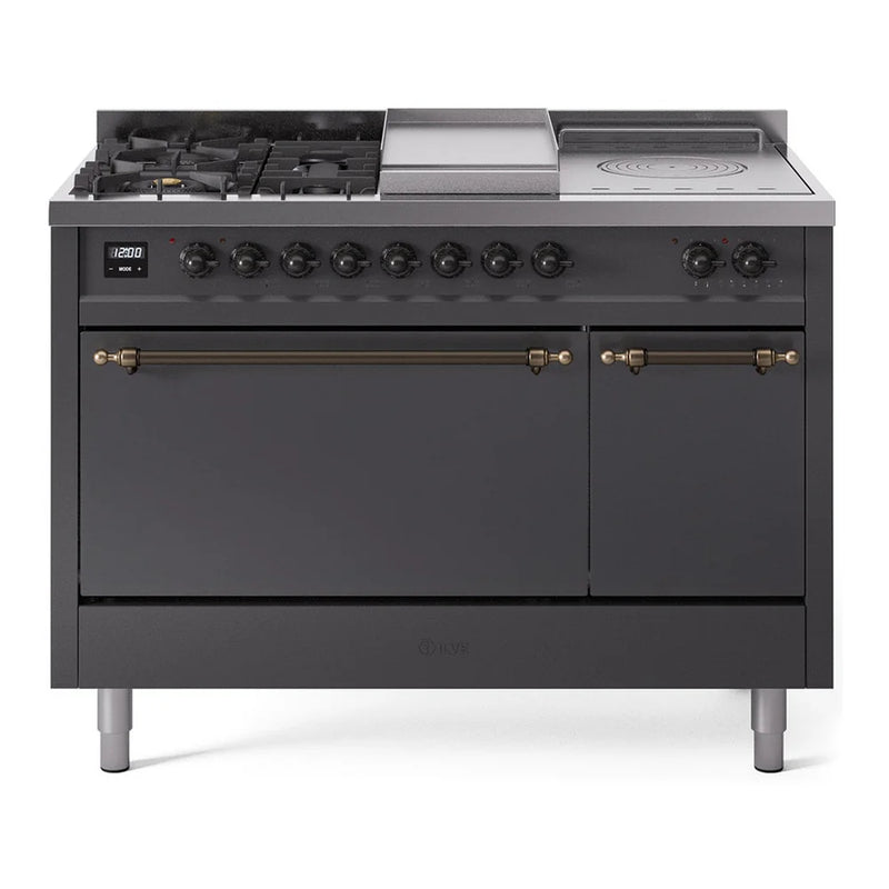 ILVE Nostalgie II 48" Dual Fuel Freestanding Range in Graphite Matte with Burnished Trim, UP48FSQNMPMGBLP