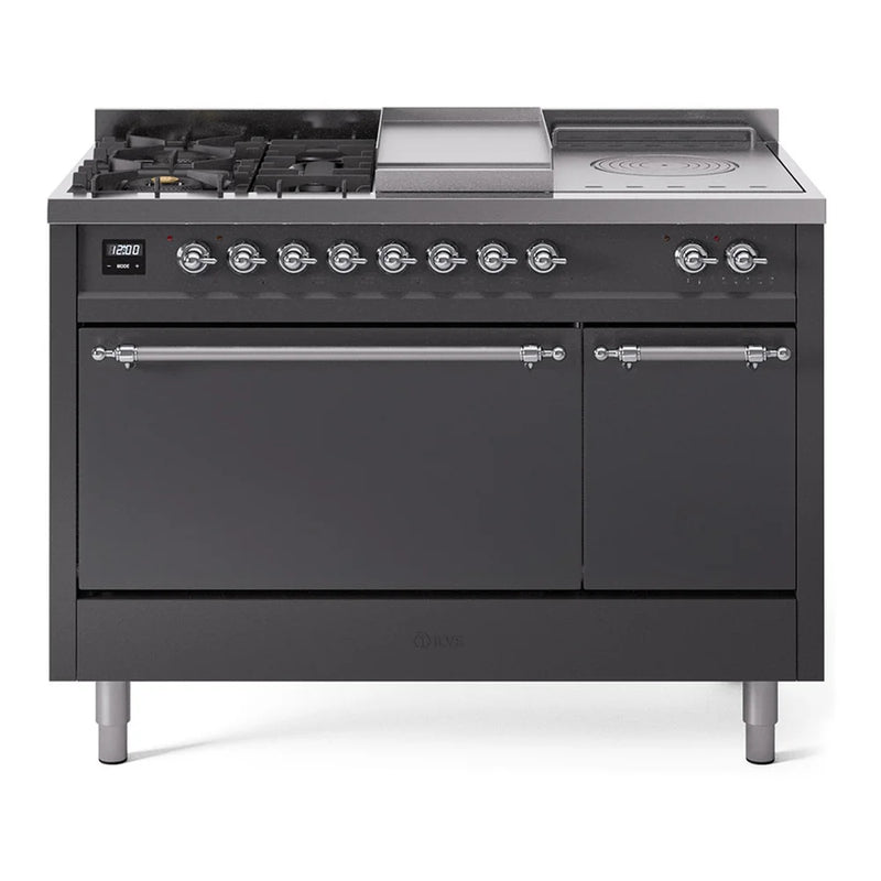 ILVE Nostalgie II 48" Dual Fuel Freestanding Range in Graphite Matte with Chrome Trim, UP48FSQNMPMGC