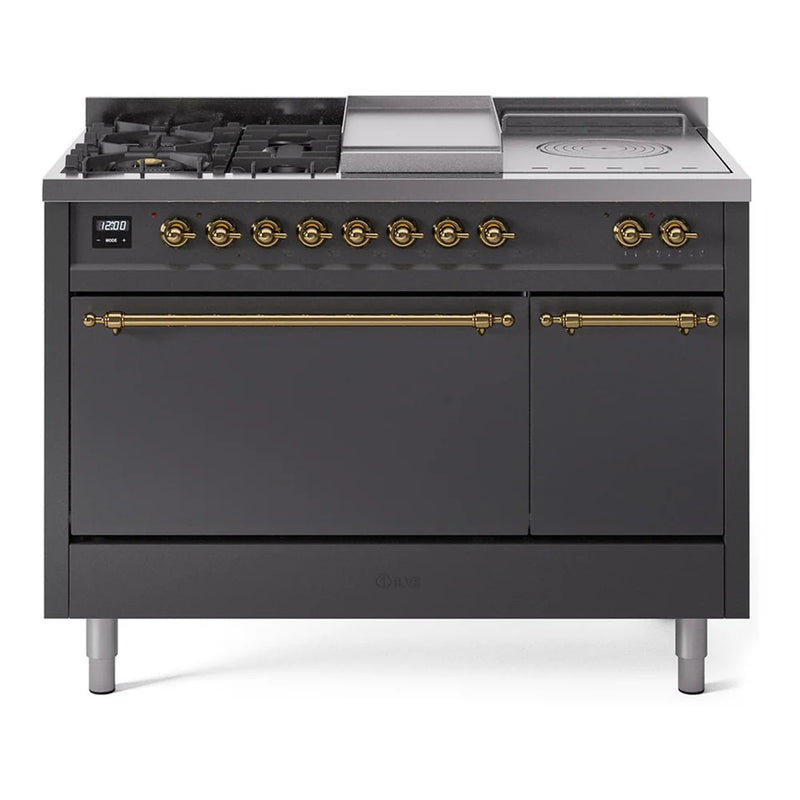 ILVE Nostalgie II 48" Dual Fuel Freestanding Range in Graphite Matte with Brass Trim, UP48FSQNMPMGGLP