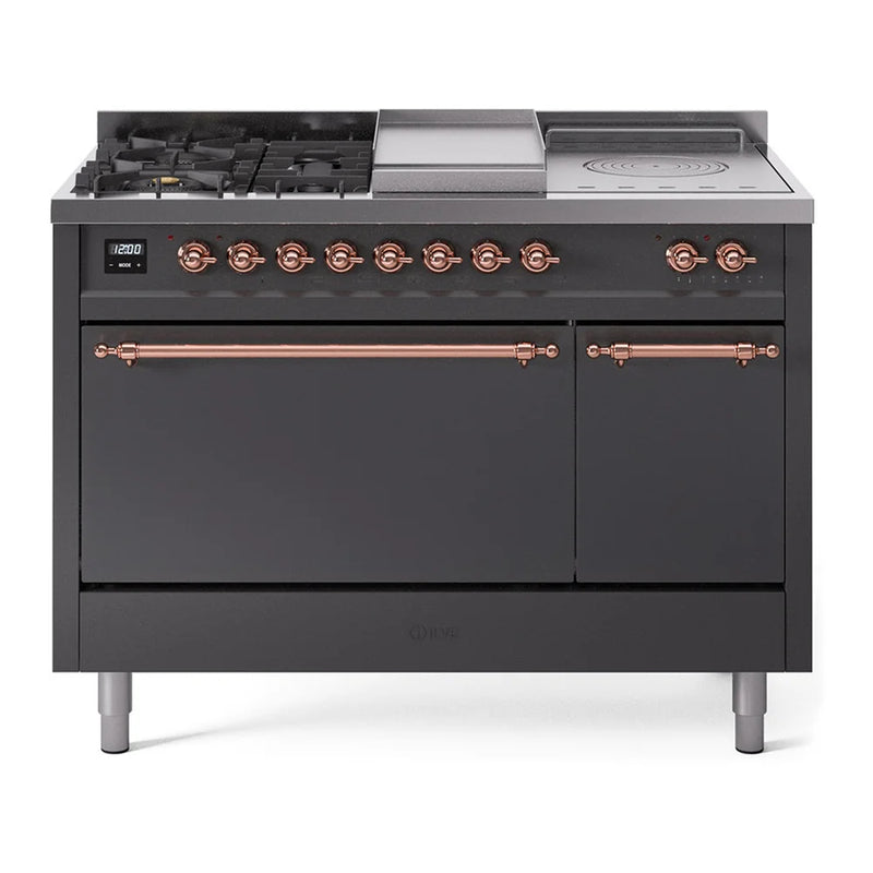 ILVE Nostalgie II 48" Dual Fuel Freestanding Range in Graphite Matte with Copper Trim, UP48FSQNMPMGPLP