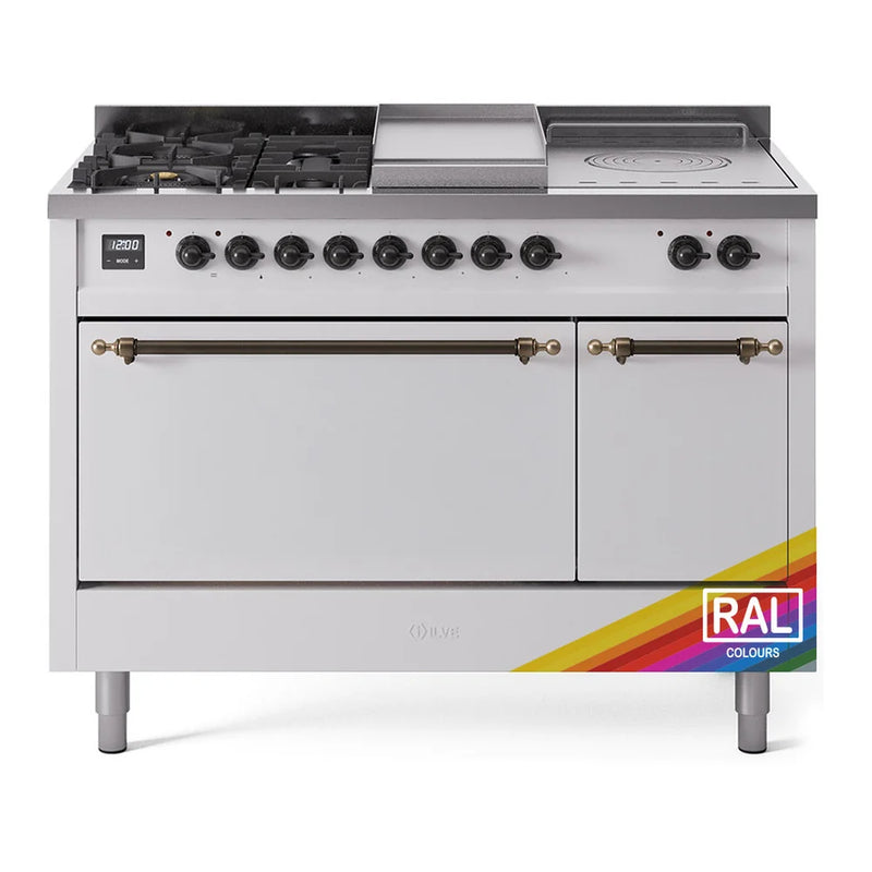 ILVE Nostalgie II 48" Dual Fuel Freestanding Range in RAL Color with Burnished Trim, UP48FSQNMPRABLP