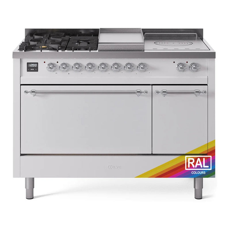 ILVE Nostalgie II 48" Dual Fuel Freestanding Range in RAL Color with Chrome Trim, UP48FSQNMPRACLP