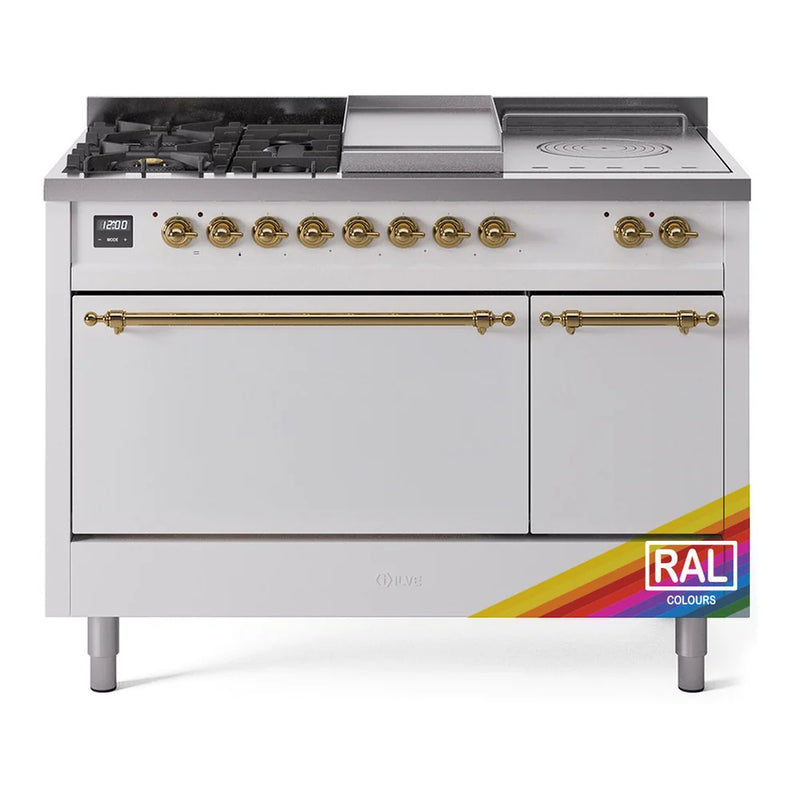 ILVE Nostalgie II 48" Dual Fuel Freestanding Range in RAL Color with Brass Trim, UP48FSQNMPRAG