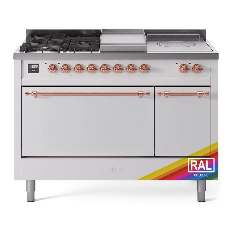 ILVE Nostalgie II 48" Dual Fuel Freestanding Range in RAL Color with Copper Trim, UP48FSQNMPRAPLP