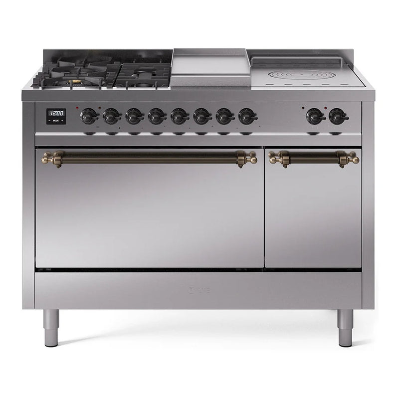 ILVE Nostalgie II 48" Dual Fuel Freestanding Range in Stainless Steel with Burnished Trim, UP48FSQNMPSSBLP