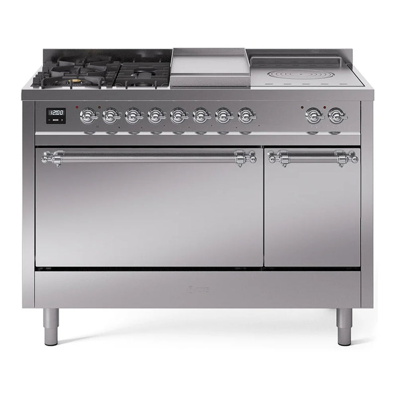 ILVE Nostalgie II 48" Dual Fuel Freestanding Range in Stainless Steel with Chrome Trim, UP48FSQNMPSSC