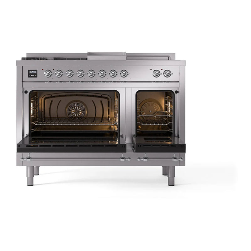 ILVE Nostalgie II 48" Dual Fuel Freestanding Range in Stainless Steel with Chrome Trim, UP48FSQNMPSSC