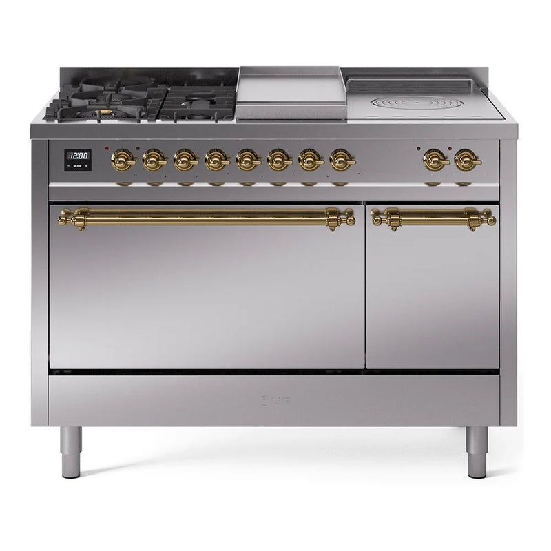 ILVE Nostalgie II 48" Dual Fuel Freestanding Range in Stainless Steel with Brass Trim, UP48FSQNMPSSGLP
