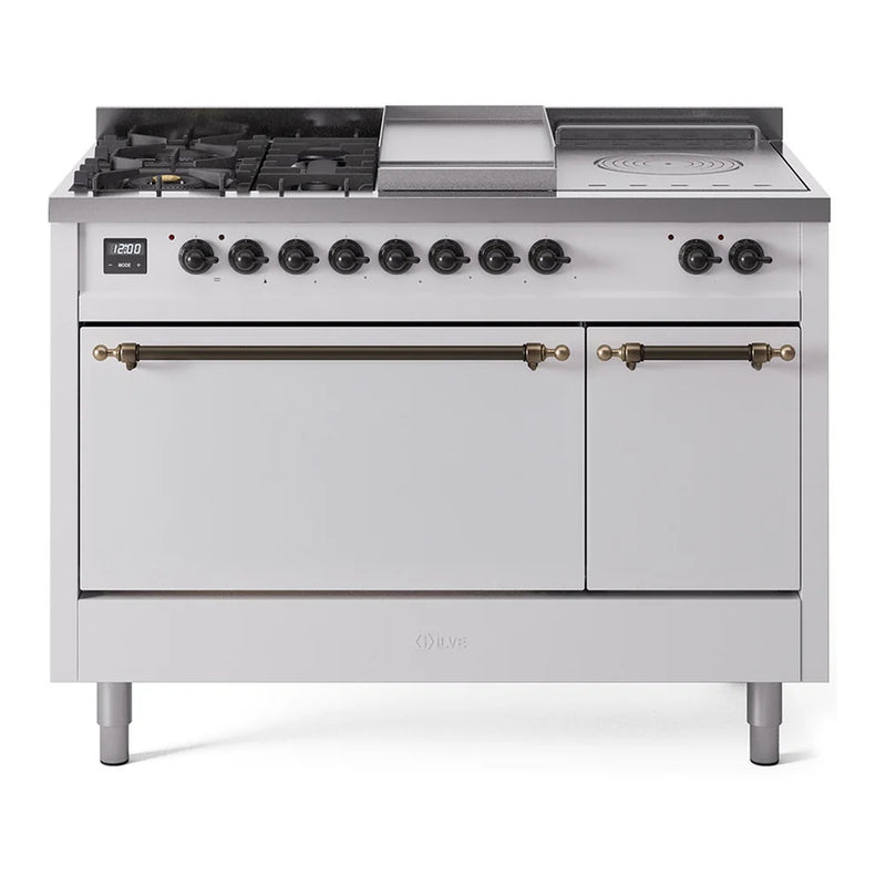 ILVE Nostalgie II 48" Dual Fuel Freestanding Range in White with Burnished Trim, UP48FSQNMPWHBLP