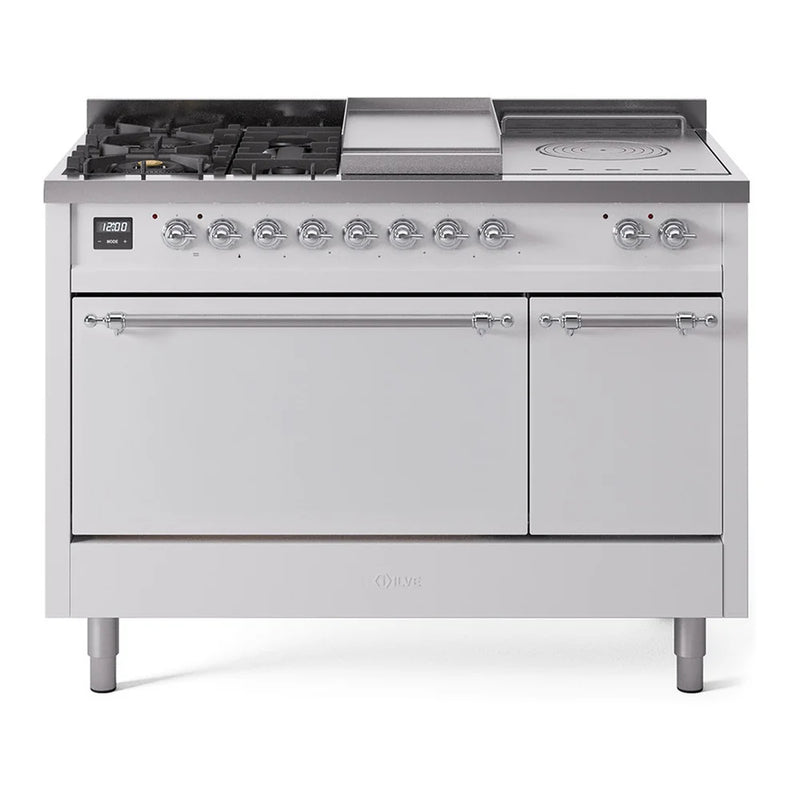 ILVE Nostalgie II 48" Dual Fuel Freestanding Range in White with Chrome Trim, UP48FSQNMPWHC