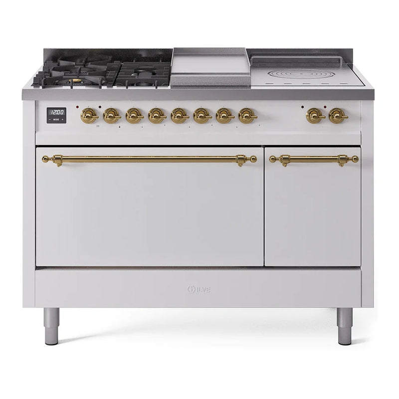 ILVE Nostalgie II 48" Dual Fuel Freestanding Range in White with Brass Trim, UP48FSQNMPWHG