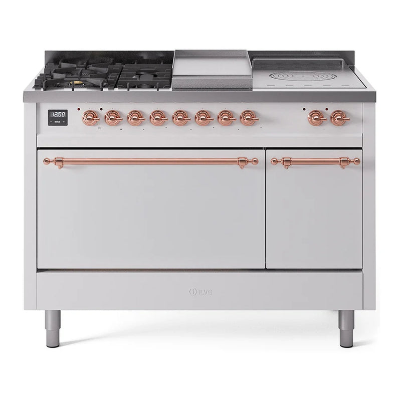 ILVE Nostalgie II 48" Dual Fuel Freestanding Range in White with Copper Trim, UP48FSQNMPWHPLP